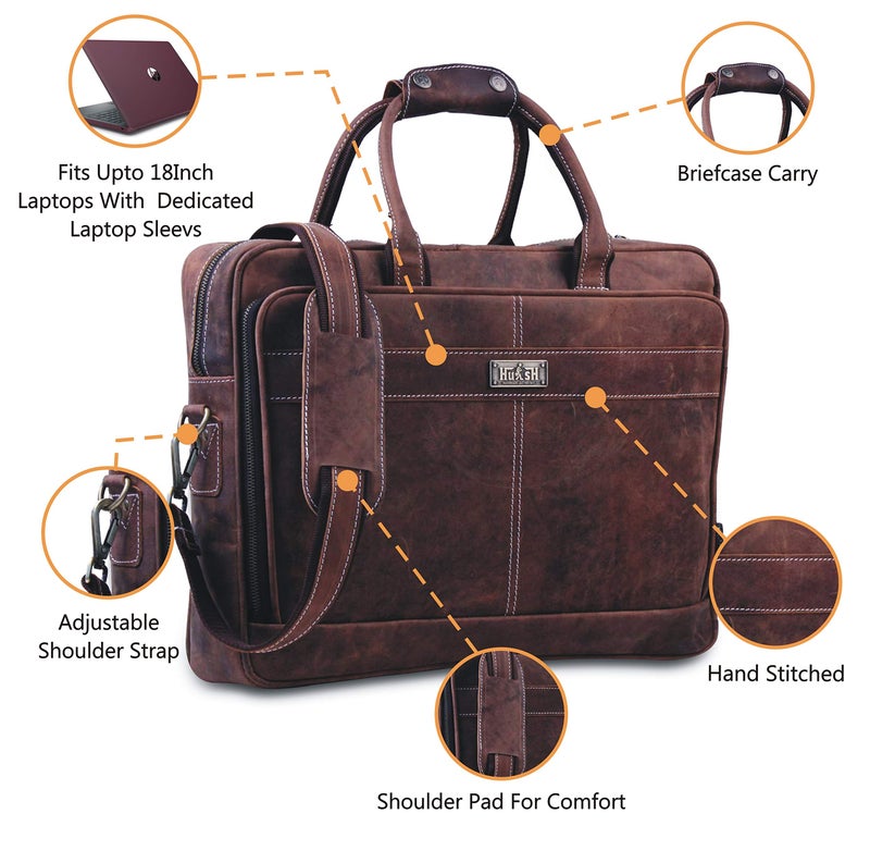 HULSH 18 Inch Genuine Leather Briefcase for Men and Women, Vintage Messenger Bag, Large Laptop Shoulder Satchel, Professional Business Office Work Bag with Luggage Strap, Handcrafted, Dark Brown - Image 2